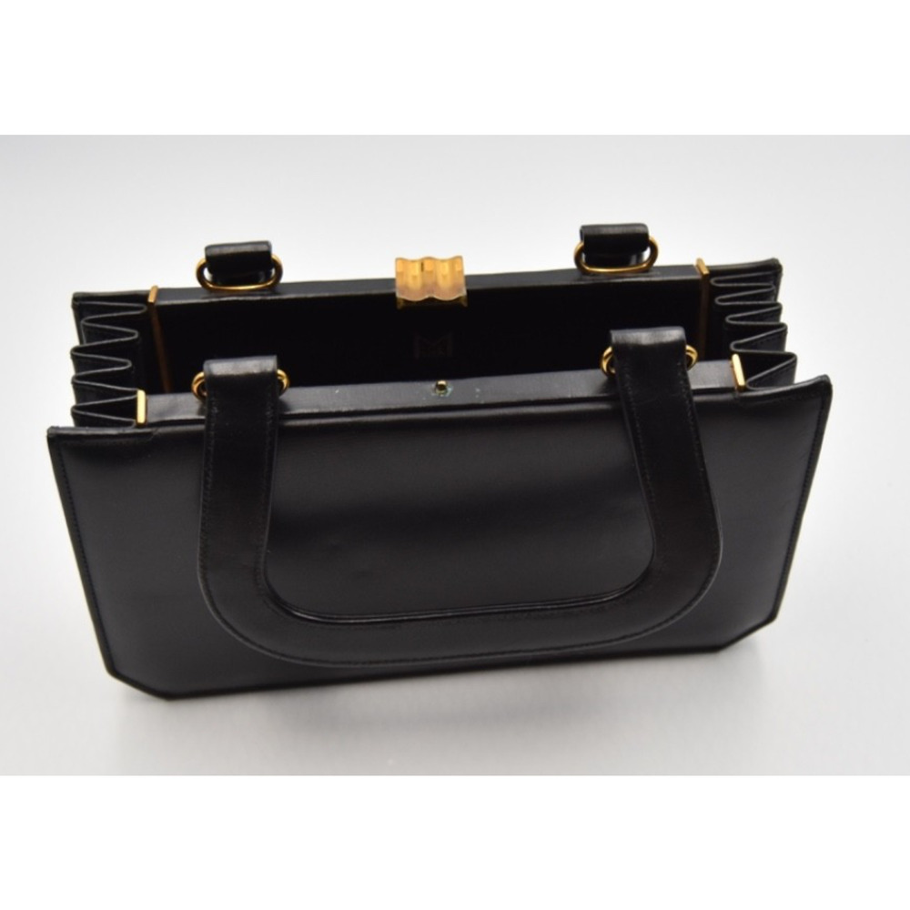1950s Golden Age Classic Black Leather Accordion Handbag By Frank Milch View 4